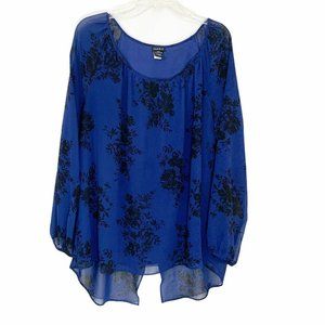 Torrid Blue Black Floral Chiffon Tulip Back Blouse